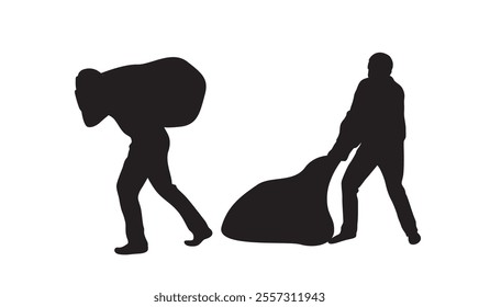 Man Lifting and Carrying a Heavy Bag Silhouette. People and activities concept vector art