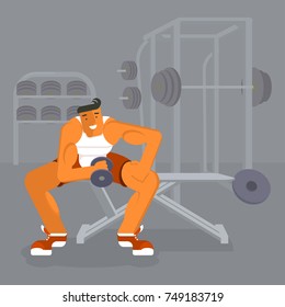 Man lifting dumbbell weights on gym background. Sport, training, gym, strong body and lifestyle concept. Vector illustration eps 10.