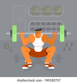 Man lifting dumbbell weights on gym background. Sport, training, gym, strong body and lifestyle concept. Vector illustration eps 10.