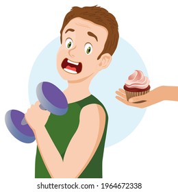  Man lifting dumbbell, while offered cupcake.