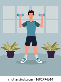 man lifting dumbbells exercise in the house vector illustration design