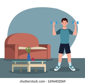 man lifting dumbbells in the house vector illustration design