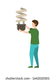 man lifting economy bulb light spiral vector illustration design