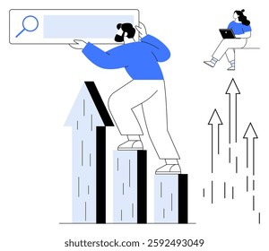 Man lifting a giant search bar while standing on bar graph, woman working on laptop, several arrows pointing upwards. Ideal for business, SEO, marketing, analysis, growth, productivity, technology