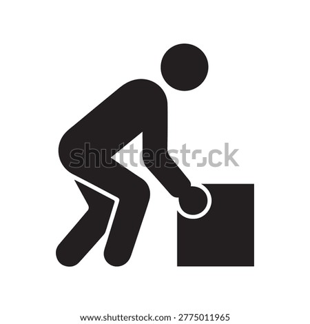 Man lifting heavy box icon, person carrying package vector illustration, manual handling logistics symbol isolated on white background.