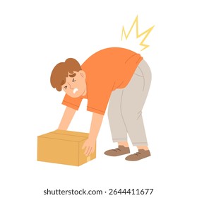 Man is lifting a heavy box incorrectly and suffers a back injury. Incorrect lifting heavy cardboard package cause of back muscle or spine pain. Concept of safety, health. Flat vector illustration.