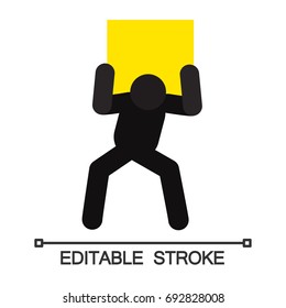 Man lifting heavy box silhouette icon. Delivery service. Shipment. Parcel. Isolated vector illustration. Deliveryman, courier. Editable stroke