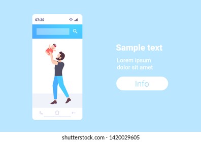 man lifting up his little baby father and son playing having fun happy family fatherhood concept smartphone screen mobile application cartoon character full length flat horizontal copy space