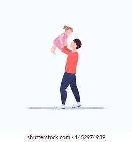 man lifting up his little baby father and daughter playing having fun happy family fatherhood concept cartoon characters full length flat