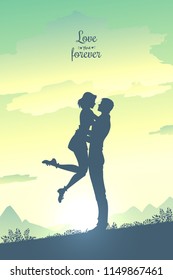 Man lifting, hugging and kissing woman. Couple in love spending time together outdoors. Bright blurry sky background. Vector illustration.