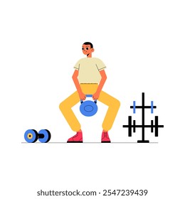 Man Lifting Kettlebell In Flat Vector Illustration Symbolizing Strength Training, Physical Fitness, And Gym Routine, Isolated On White Background.