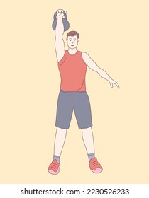 man lifting kettlebell in gym standing with outline or line and clean simple style