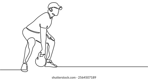 Man lifting a kettlebell, symbolizing strength, fitness, and dedication. One line drawing capturing the power and focus required in weightlifting. Vector illustration hand drawn.