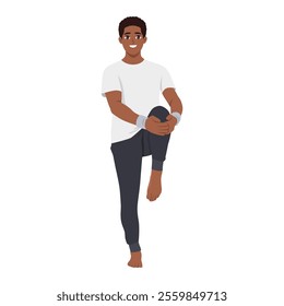 Man lifting left knee up and using both hands to support knee,bring close to the chest. Flat Vector character illustration