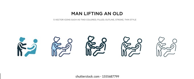 man lifting an old man icon in different style vector illustration. two colored and black man lifting an old vector icons designed in filled, outline, line and stroke style can be used for web,