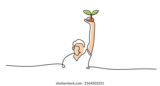 A man lifting plant seeds in continuous line drawing. Representing growth, nurturing, and the cultivation of new opportunities. Vector illustration hand drawn.