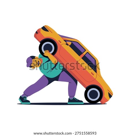 Man lifting and pushing a yellow car uphill with effort