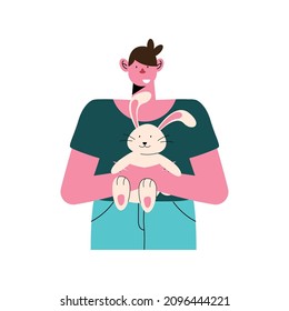 man lifting rabbit mascot character