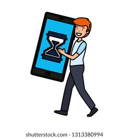 man lifting smartphone with hourglass