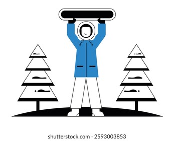 Man lifting snowboard in winter, downhill landscape. Design character. Vector flat illustration