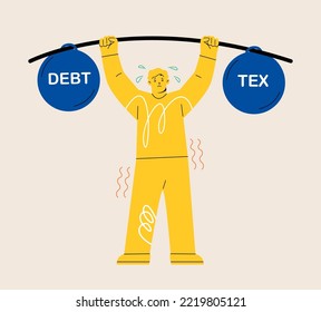 Man lifting some heavy iron ball of debt and tax. Colorful vector illustration
