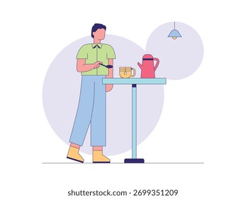 A man is lifting a spoon filled with sugar, making hot tea in the morning to calm. Character design. Vector flat illustration