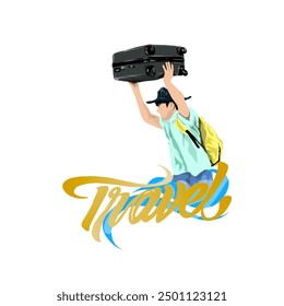 man lifting suitcase above his head with travel written on it