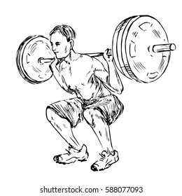 The man lifting a weight, standing position from the back, hand drawn doodle, sketch in pop art style, vector illustration