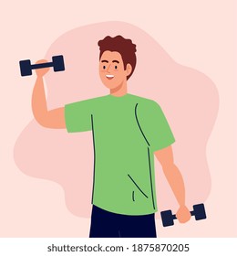 diseño de pesas de elevación de hombre, deporte de gimnasia y tema de construcción de cuerpos Ilustración vectorial