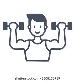 Hombre levantando pesas ejercicio icono de fitness. Icono simple de un hombre levantando pesas en un entrenamiento.  Perfecto para proyectos relacionados con el fitness, los deportes o la salud.