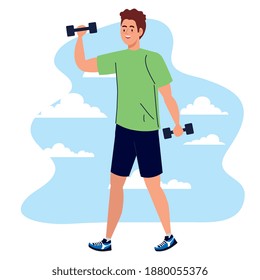 man lifting weights in front of clouds design, Gym sport and bodybuilding theme Vector illustration