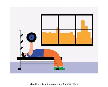 Man lifting weights for physical exercise in fitness center, doing physical fitness activity, vector illustration.