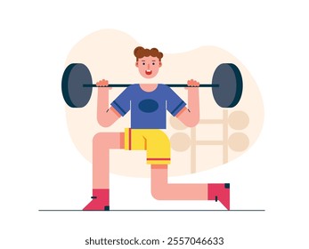 Man lifting weights, starting to exercise at a young age. Character design. Vector flat illustration