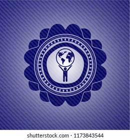 man lifting world icon with denim texture