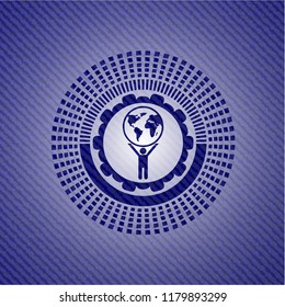 man lifting world icon with denim texture