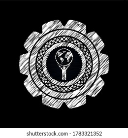 man lifting world icon drawn chalk emblem, retro style, chalk or chalkboard texture. 