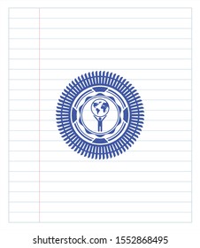 man lifting world icon emblem with pen effect. Blue ink. Vector Illustration. Detailed.