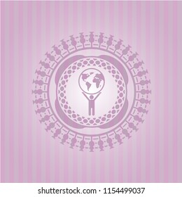 man lifting world icon inside realistic pink emblem