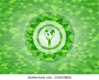 man lifting world icon inside green emblem with mosaic ecological style background