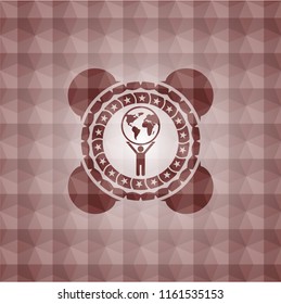 man lifting world icon inside red seamless geometric emblem.