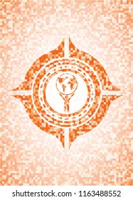man lifting world icon inside orange mosaic emblem with background