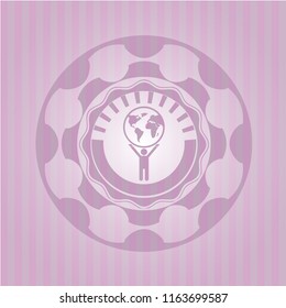 man lifting world icon inside badge with pink background