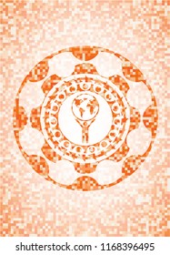 man lifting world icon inside orange mosaic emblem