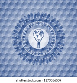 man lifting world icon inside blue badge with geometric background.