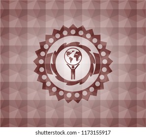 man lifting world icon inside red polygonal badge. Seamless.