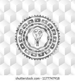 man lifting world icon inside realistic grey emblem with cube white background