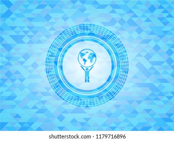 man lifting world icon inside sky blue emblem with triangle mosaic background