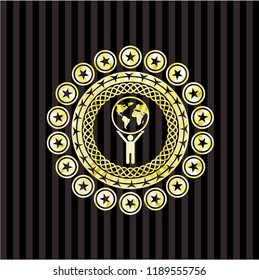 man lifting world icon inside gold shiny emblem