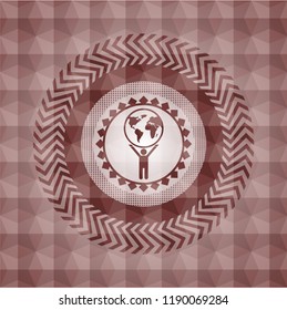 man lifting world icon inside red seamless emblem or badge with abstract geometric pattern background.