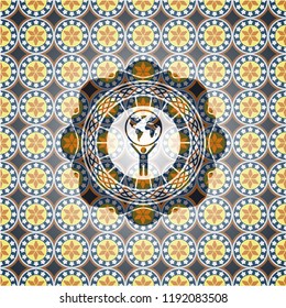 man lifting world icon inside arabic badge. Arabesque decoration.